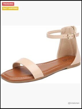 Ankle Strap Flat Sandals with Back Zipper Square Open Toe Summer
